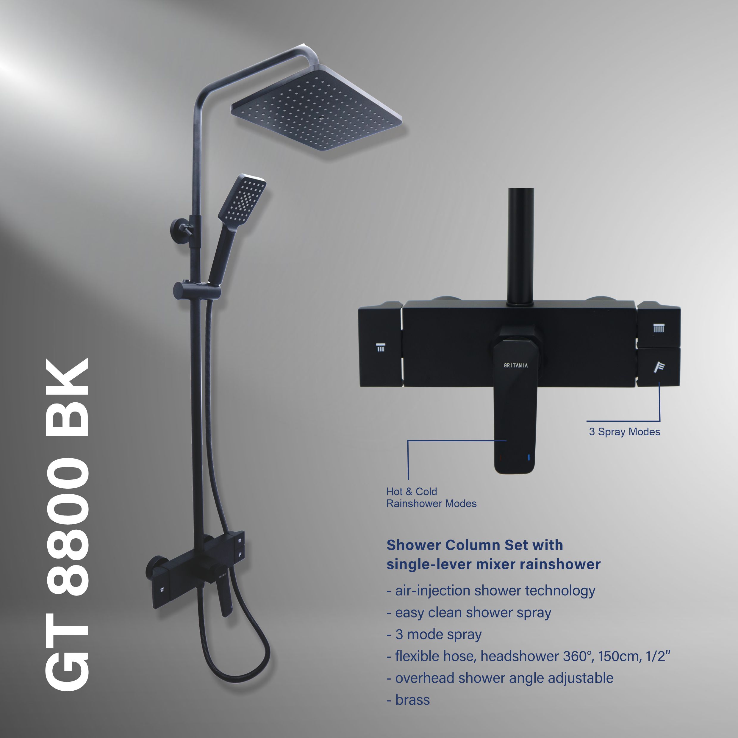 Gritania GT-8800 BK: Shower column set matte Black finishes