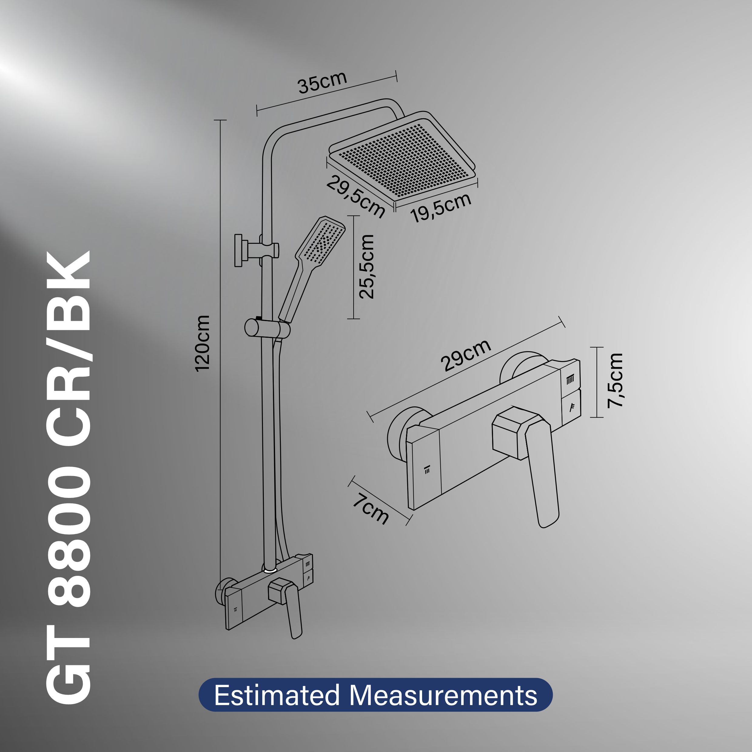 Gritania GT-8800 CR/BK: Shower column set Estimated Measurements