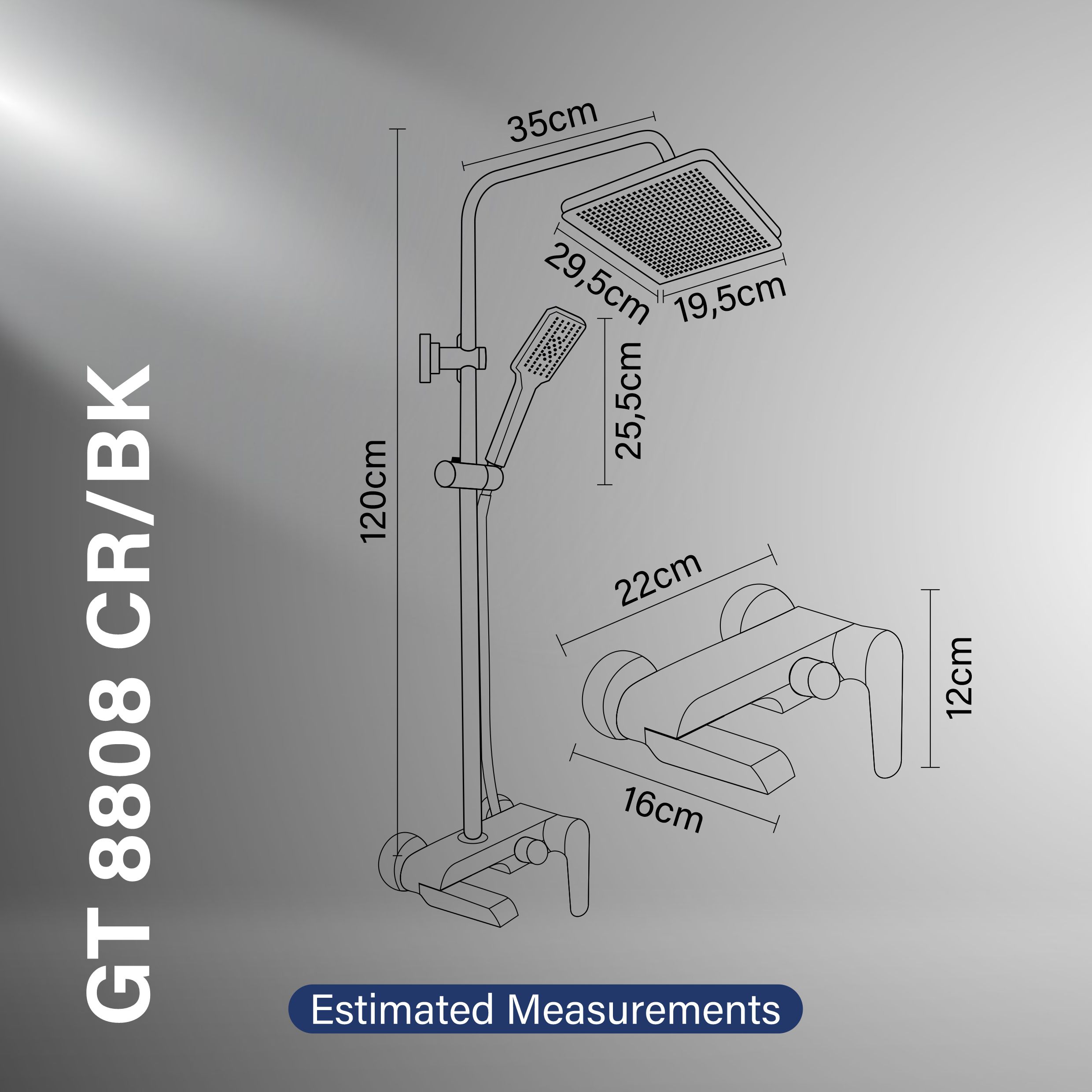 Gritania GT-8808 CR/BK: Shower column set Estimated Measurements