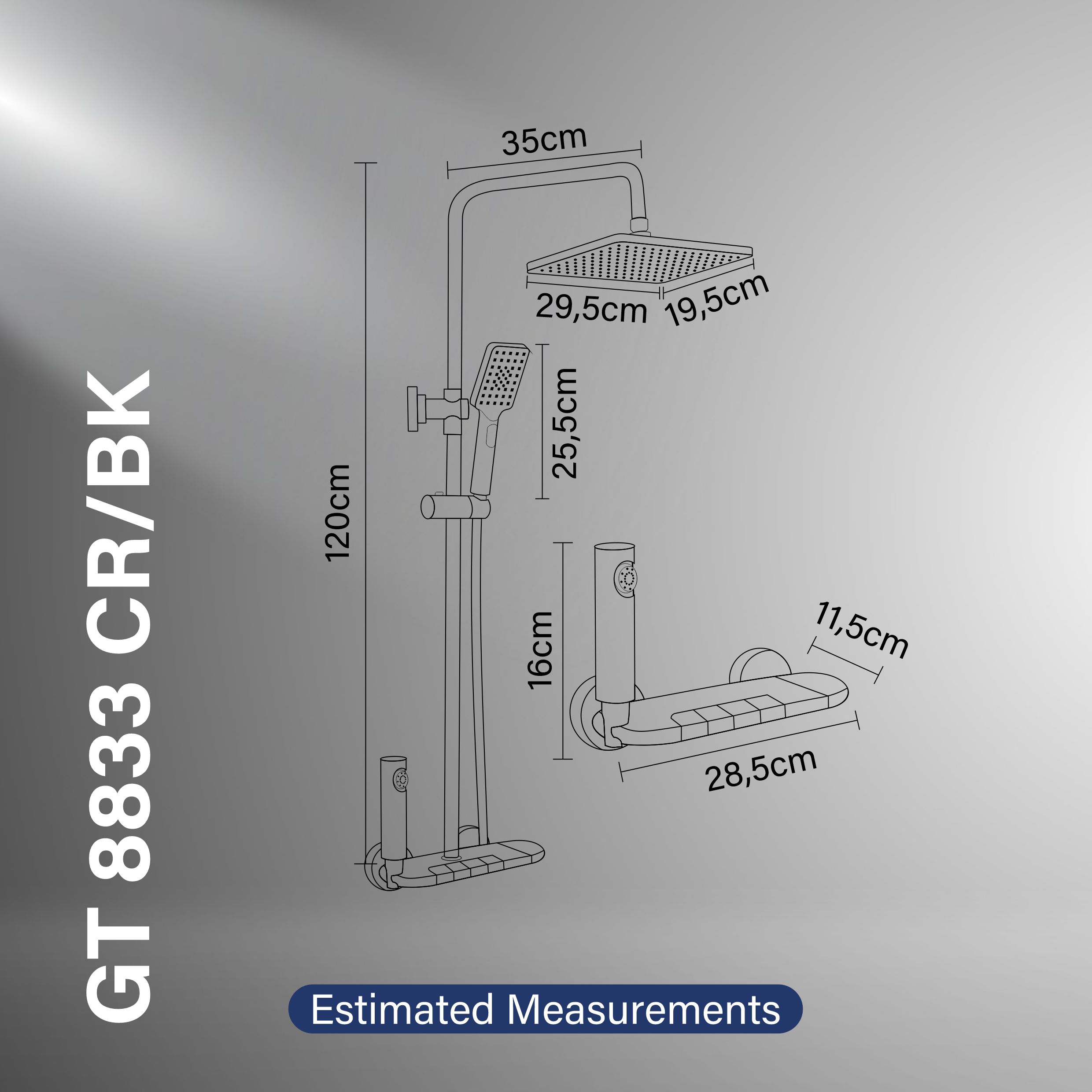 Gritania GT-8833 CR/BK: Shower column set Estimated Measurements