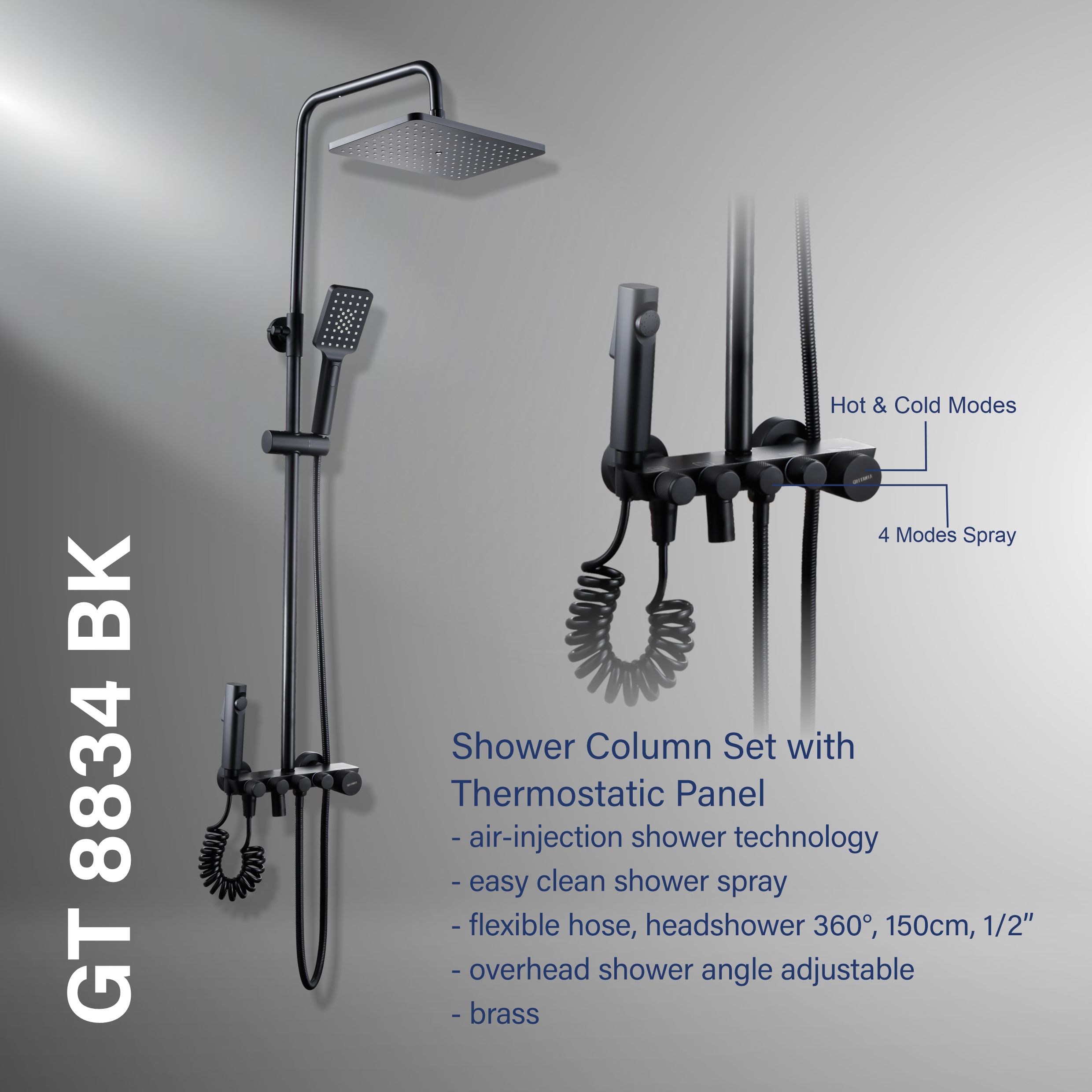 Gritania GT-8834 BK: Shower column set matte Black finishes