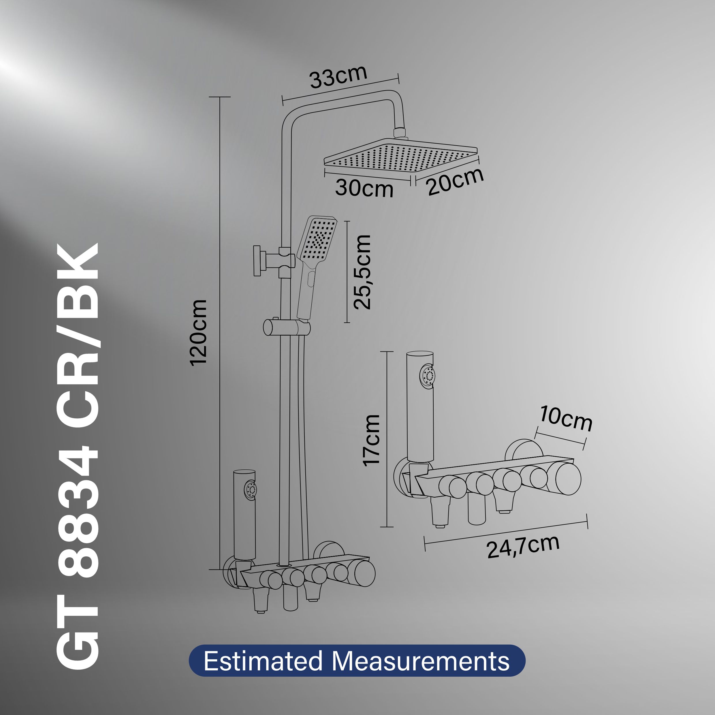 Gritania GT-8834 CR/BK: Shower column set Estimated Measurements