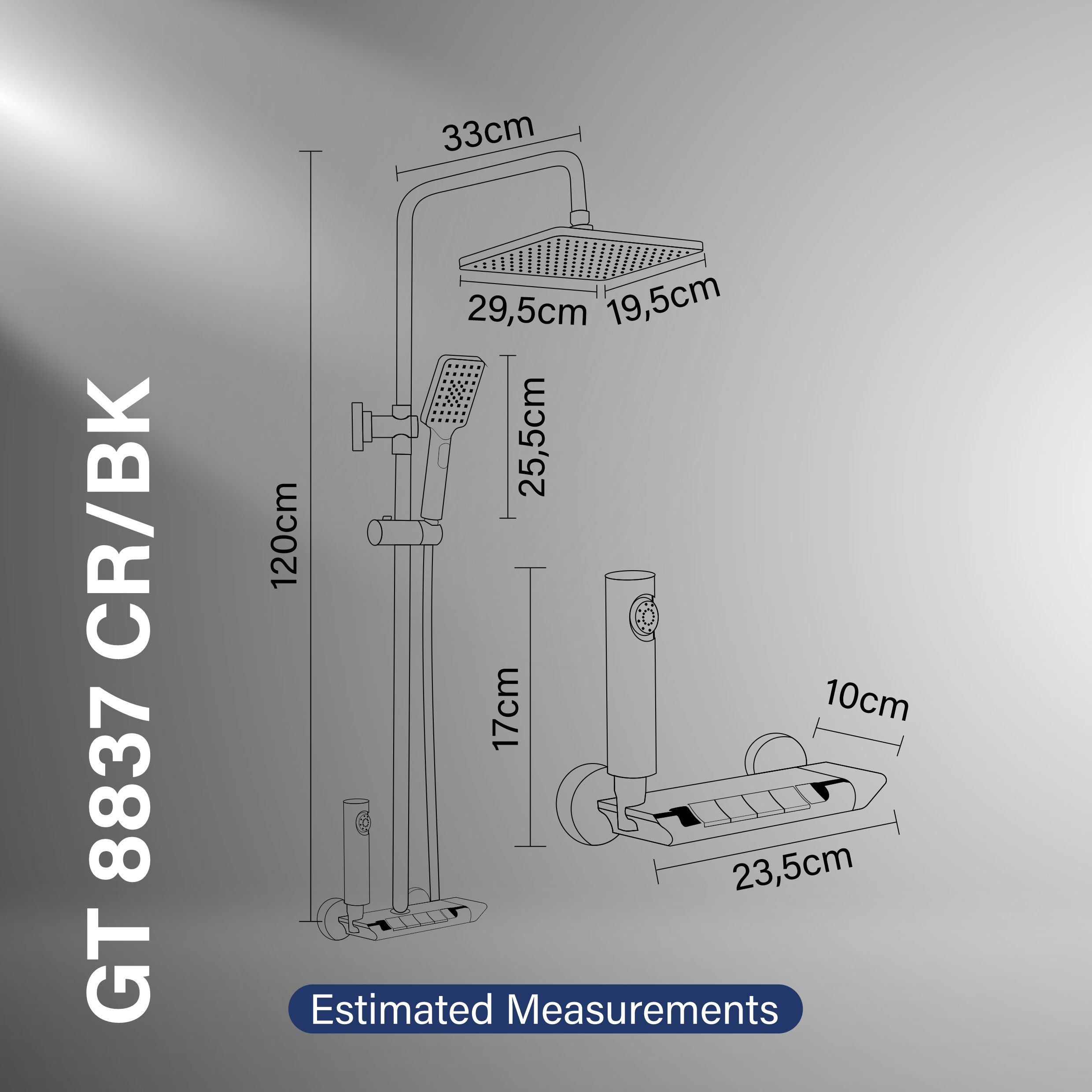 Gritania GT-8837 CR/BK: Shower column set Estimated Measurements