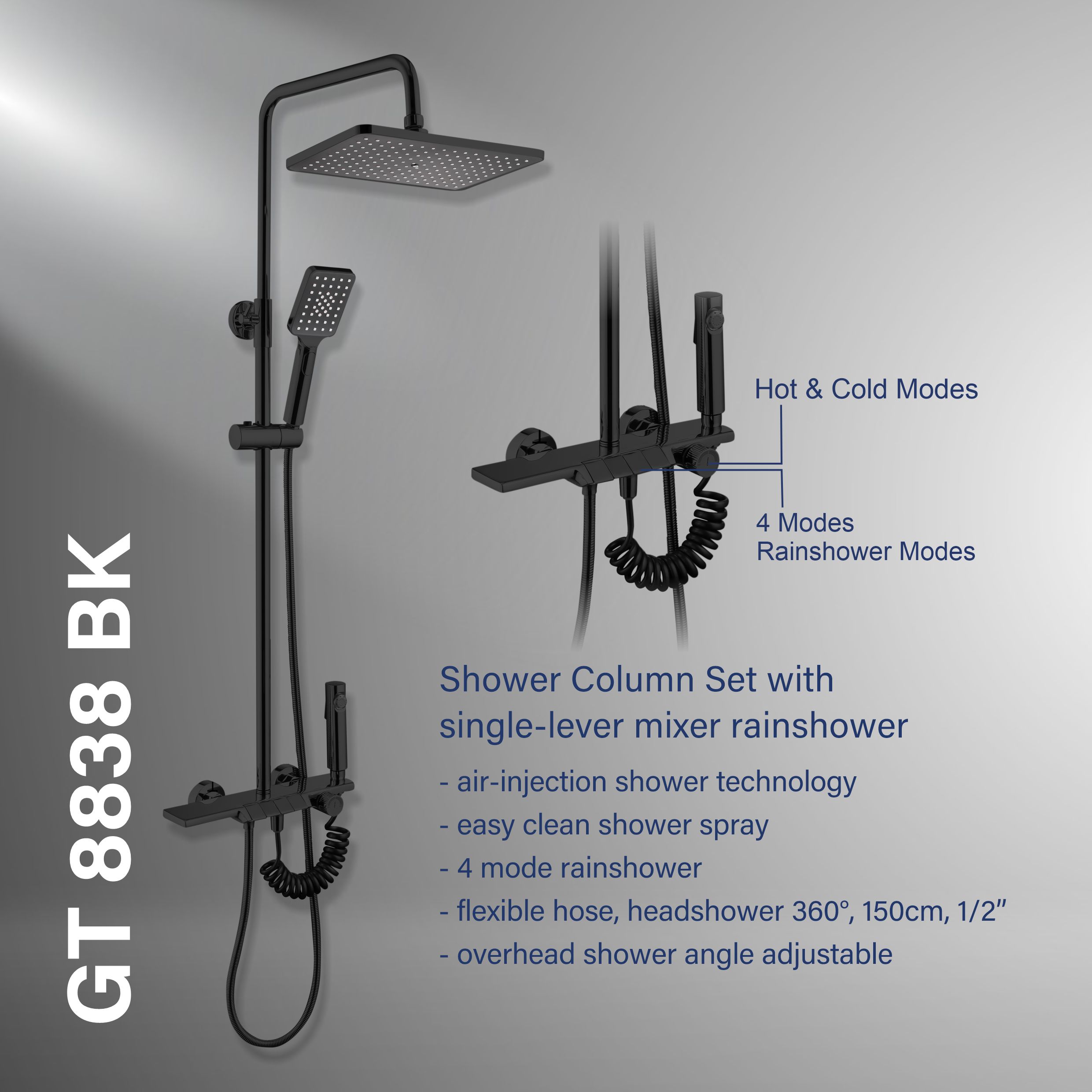Gritania GT-8838 BK: Shower column set matte Black finishes