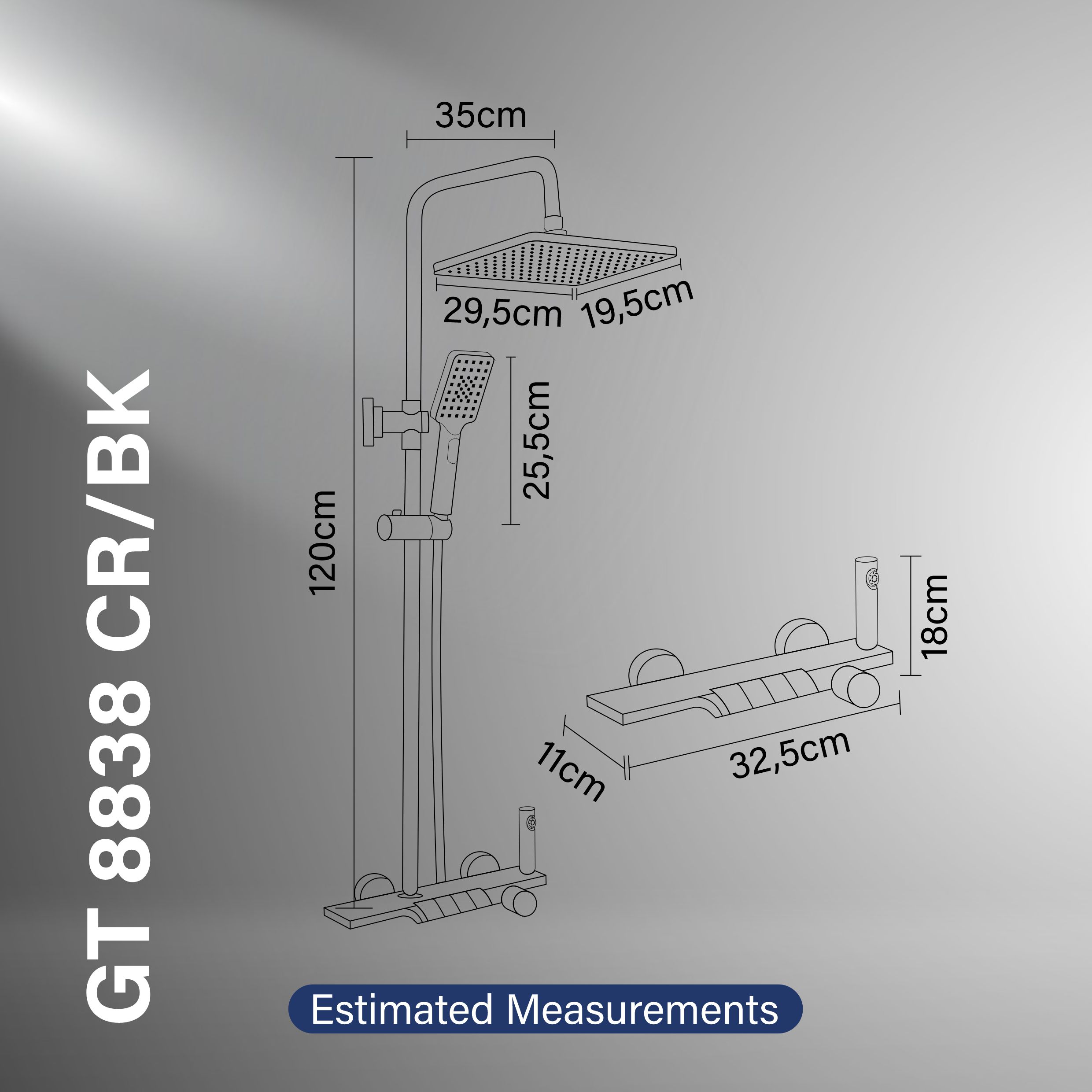 Gritania GT-8838 CR/BK: Shower column set Estimated Measurements