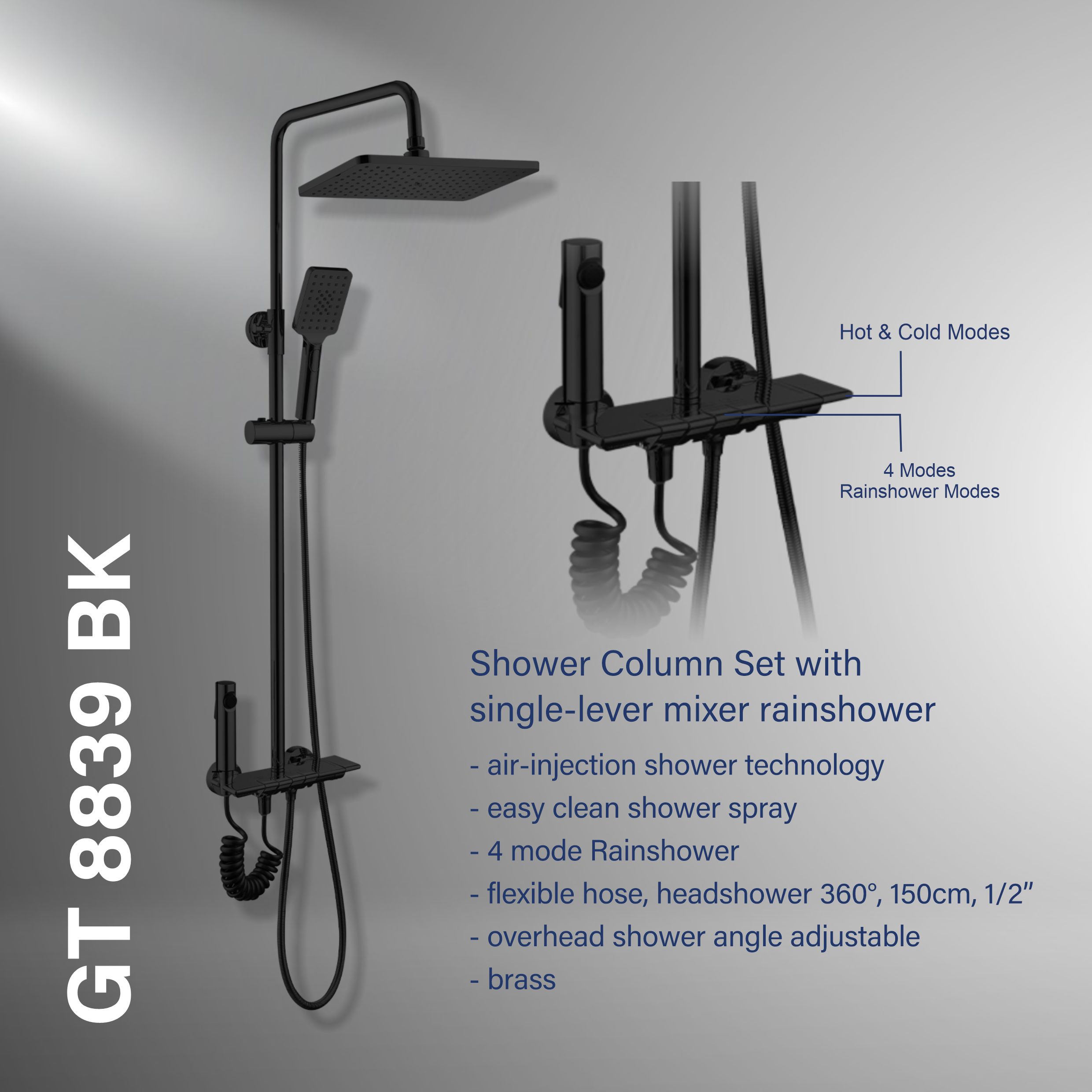 Gritania GT-8839 BK: Shower column set matte Black finishes