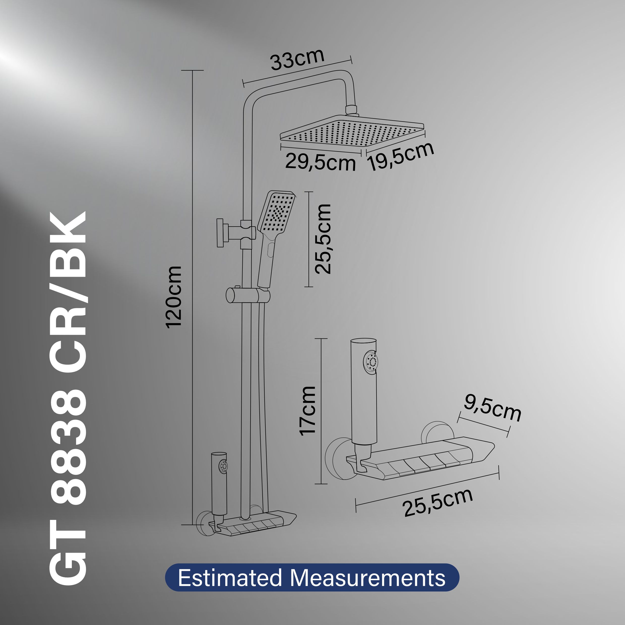 Gritania GT-8839 CR/BK: Shower column set Estimated Measurements